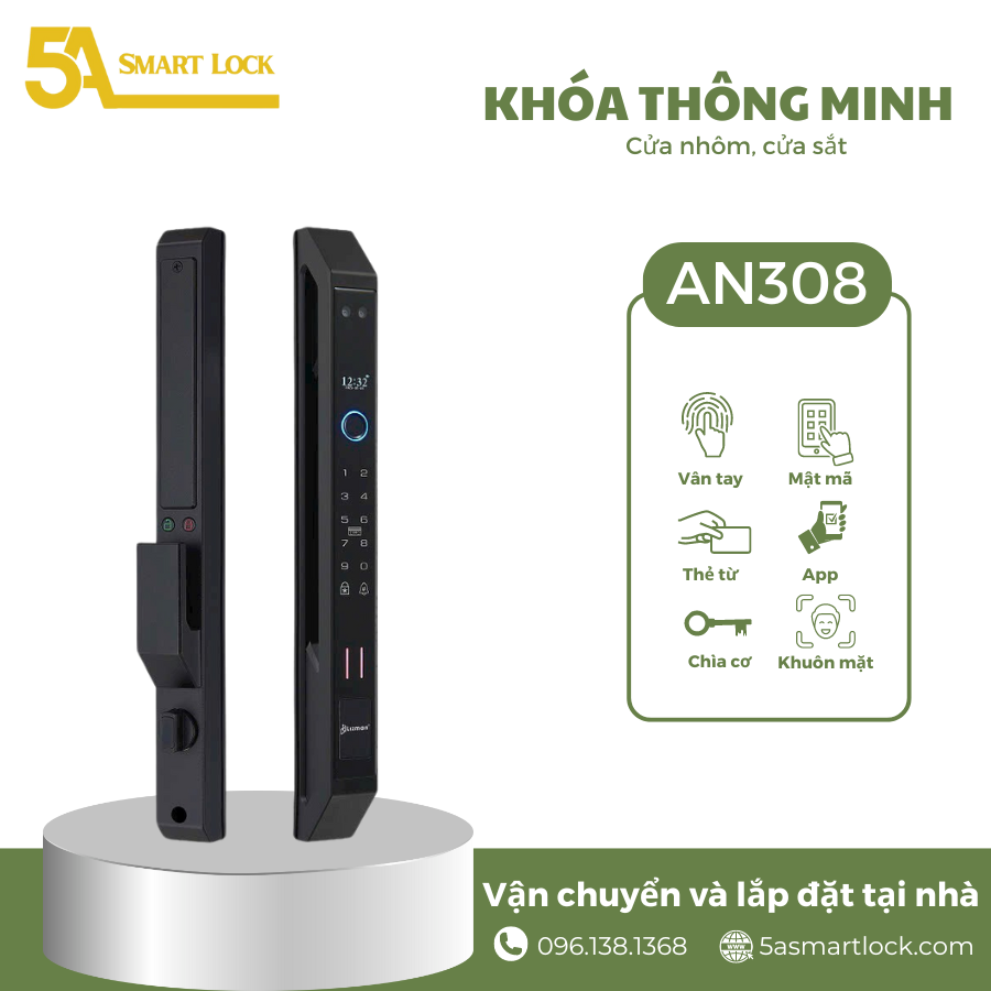 Khóa cửa vân tay tự động Face ID 5A Smartlock AN308 cửa Nhôm